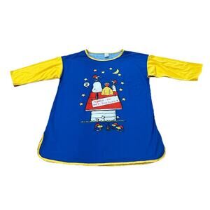Vintage 70s Snoopy Peanuts Nightshirt Pajama Top Blue Yellow 40” Chest -